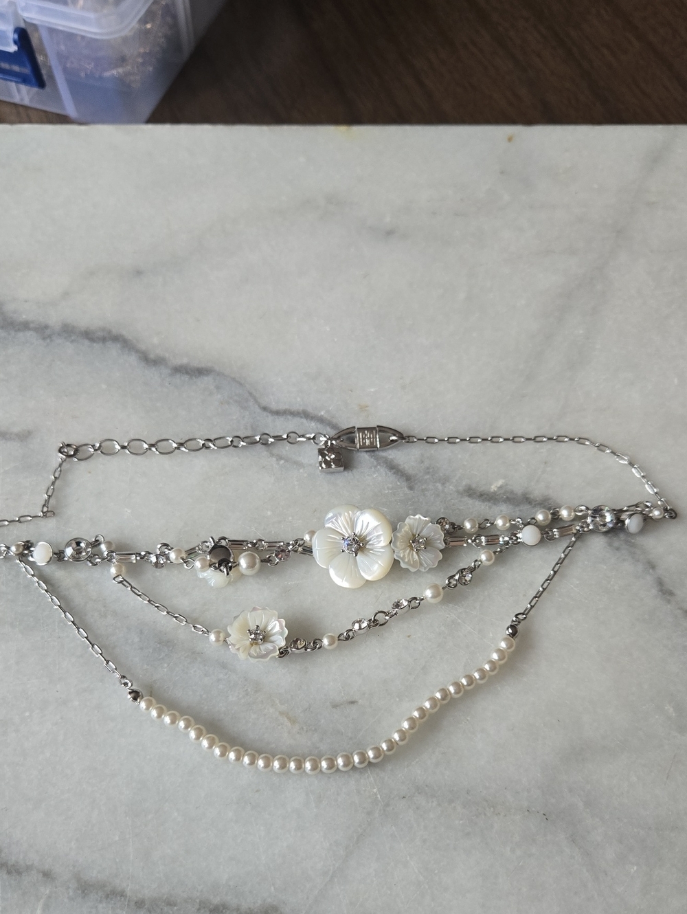 Givenchy Vintage Silver & White Floral Pearl Layered Necklace